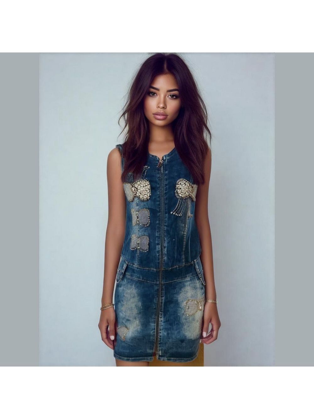 Y2k DENIM MINI DRESS EMBROIDERED BUTTERFLIES RHINESTONES MADE IN EUROPE - Picture 6 of 16